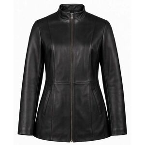Overland Leather Jacket Women Mock Neck Full Zip XS Black Minimalist Classic